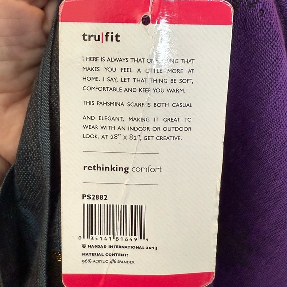 Tru-Fit Pashmina 100% Acrylic Scarf NWT 28"x82" Purple Blue Black & Gold - Picture 6 of 7